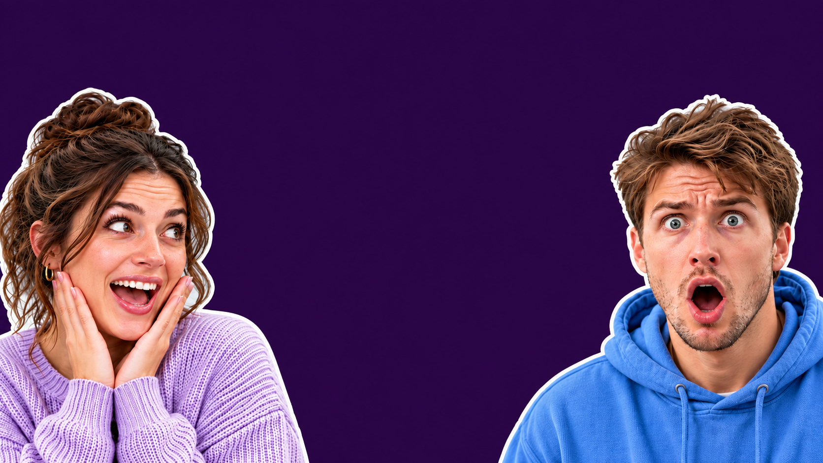 Two people reacting against a purple background